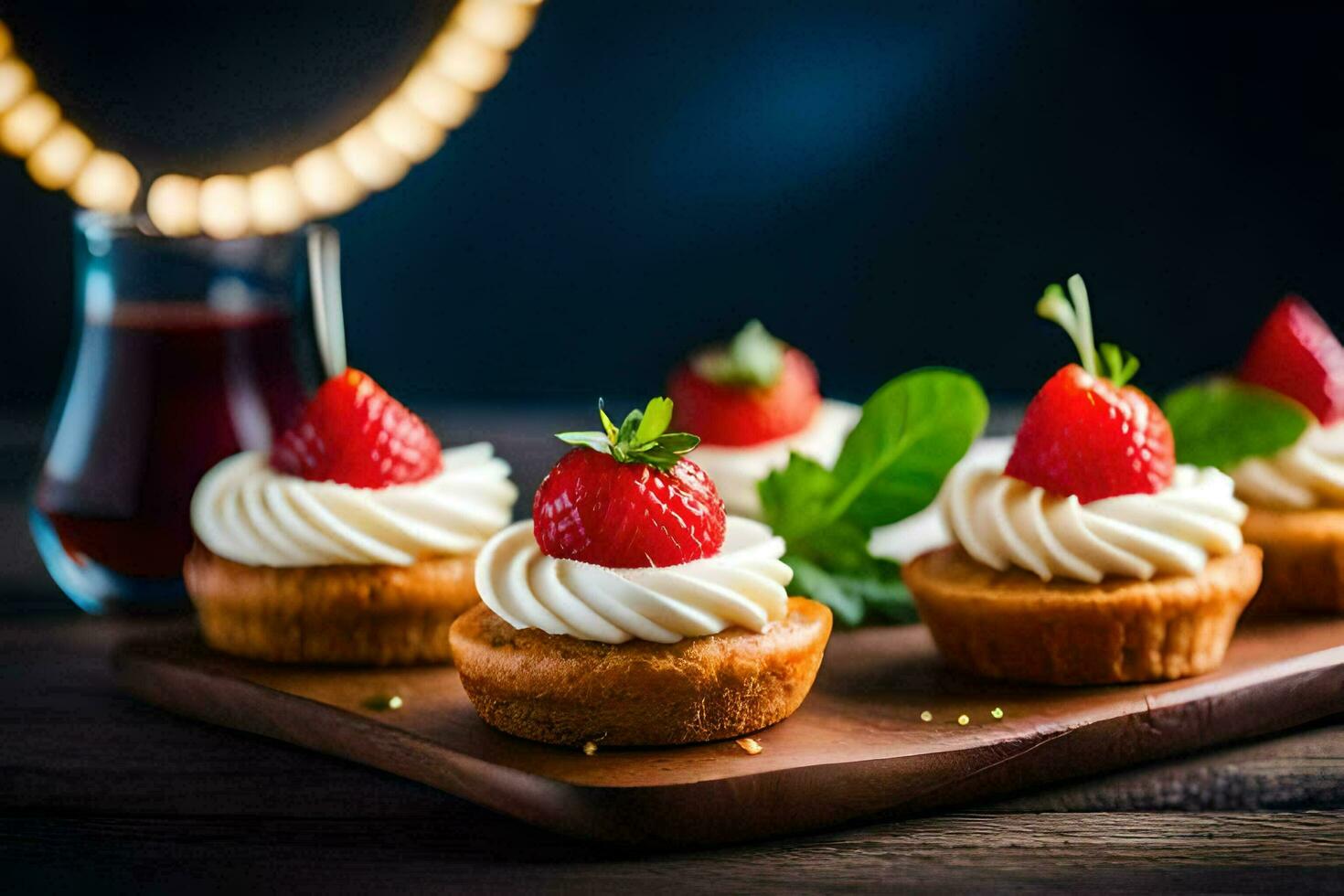 piccolo cupcakes con fragole e menta su un' di legno tavola. ai-generato foto