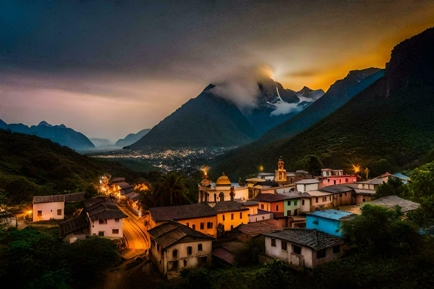 un' cittadina nel il montagne a crepuscolo. ai-generato foto