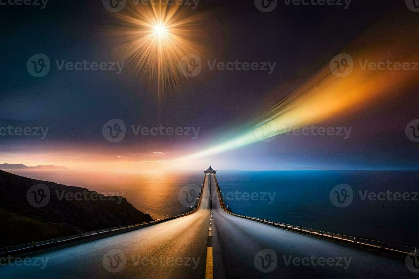 un' lungo strada con un' arcobaleno leggero splendente al di sopra di esso. ai-generato foto