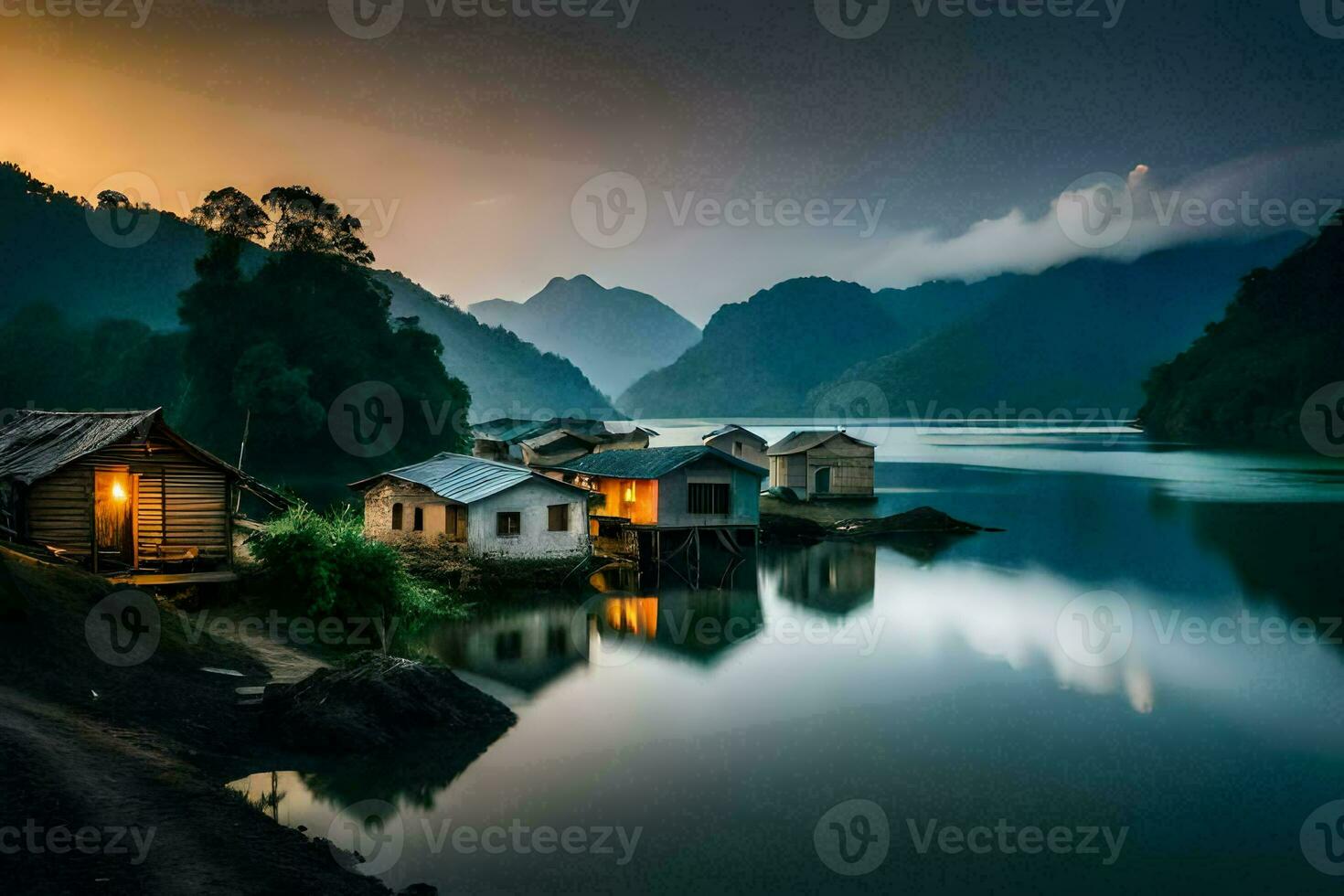 case su il riva di un' lago a crepuscolo. ai-generato foto