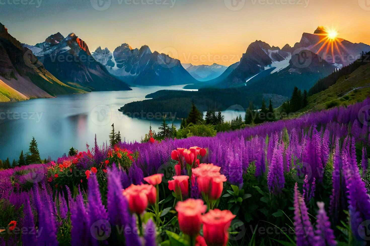 il sole sorge al di sopra di un' lago e fiori nel il montagne. ai-generato foto