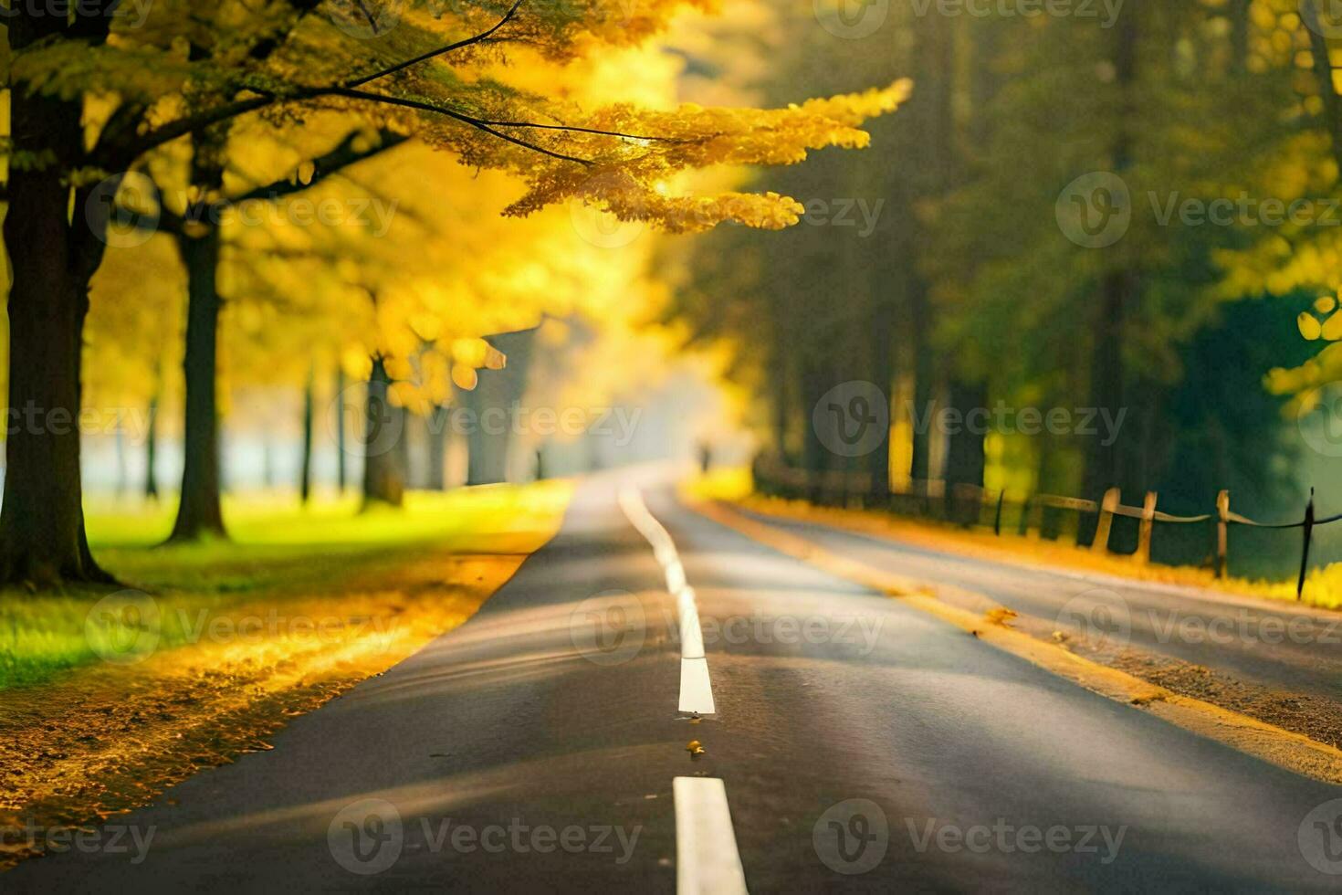 autunno strada con giallo alberi e alberi. ai-generato foto