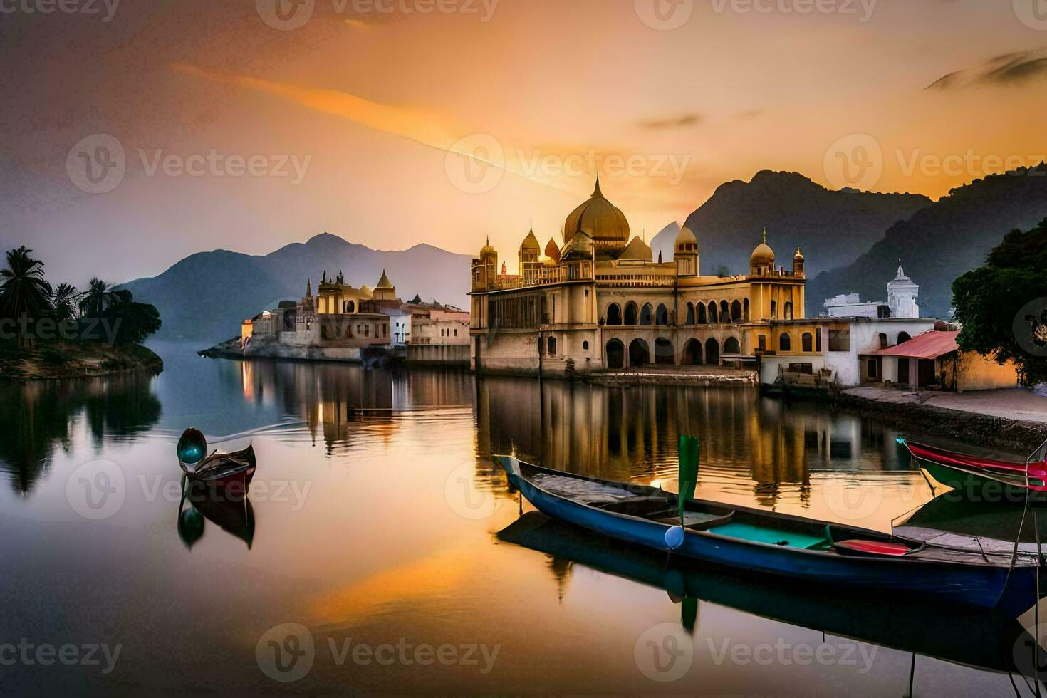 Barche nel il acqua a tramonto con un' palazzo nel il sfondo. ai-generato foto