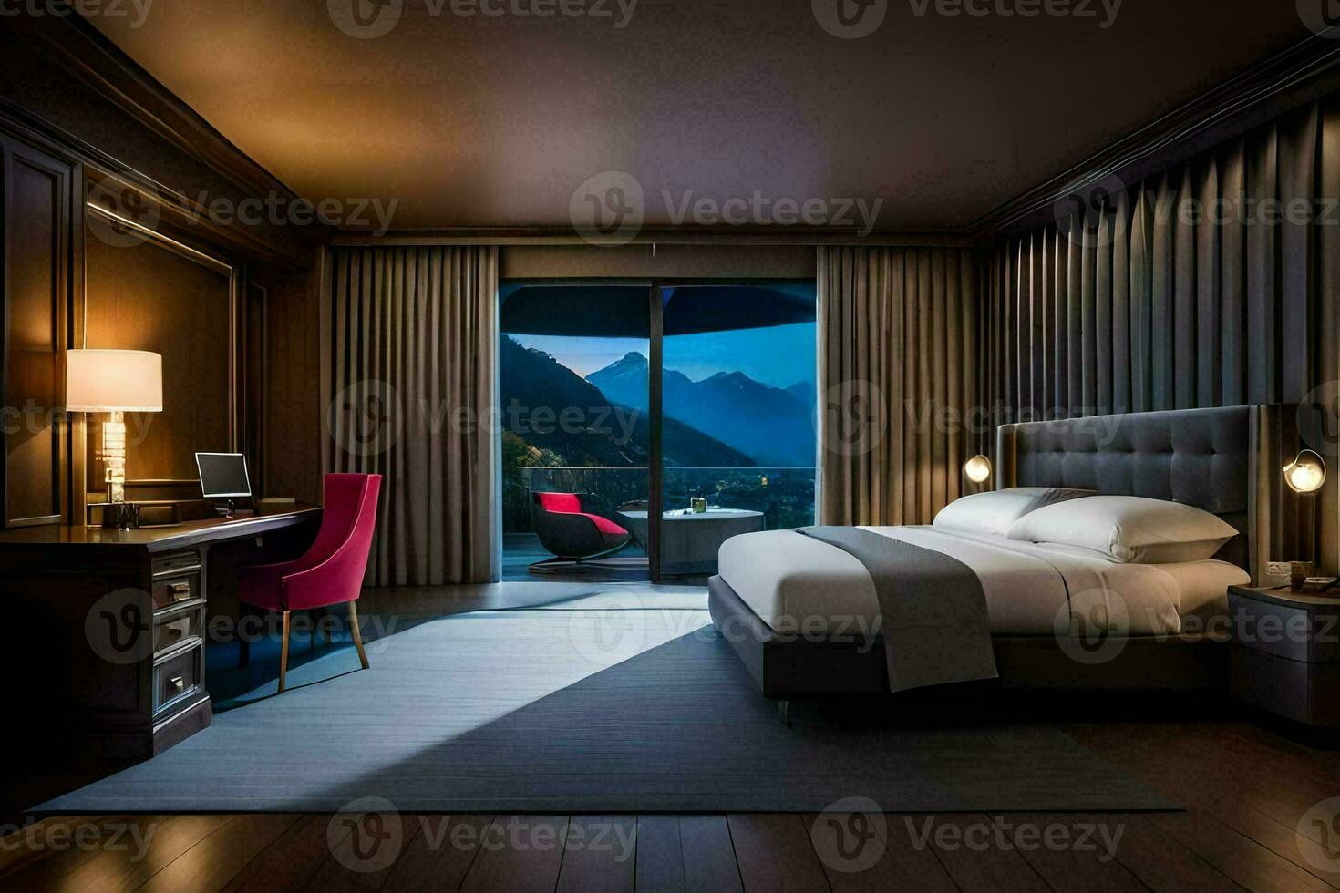 un' Camera da letto con un' Visualizza di il montagne. ai-generato foto