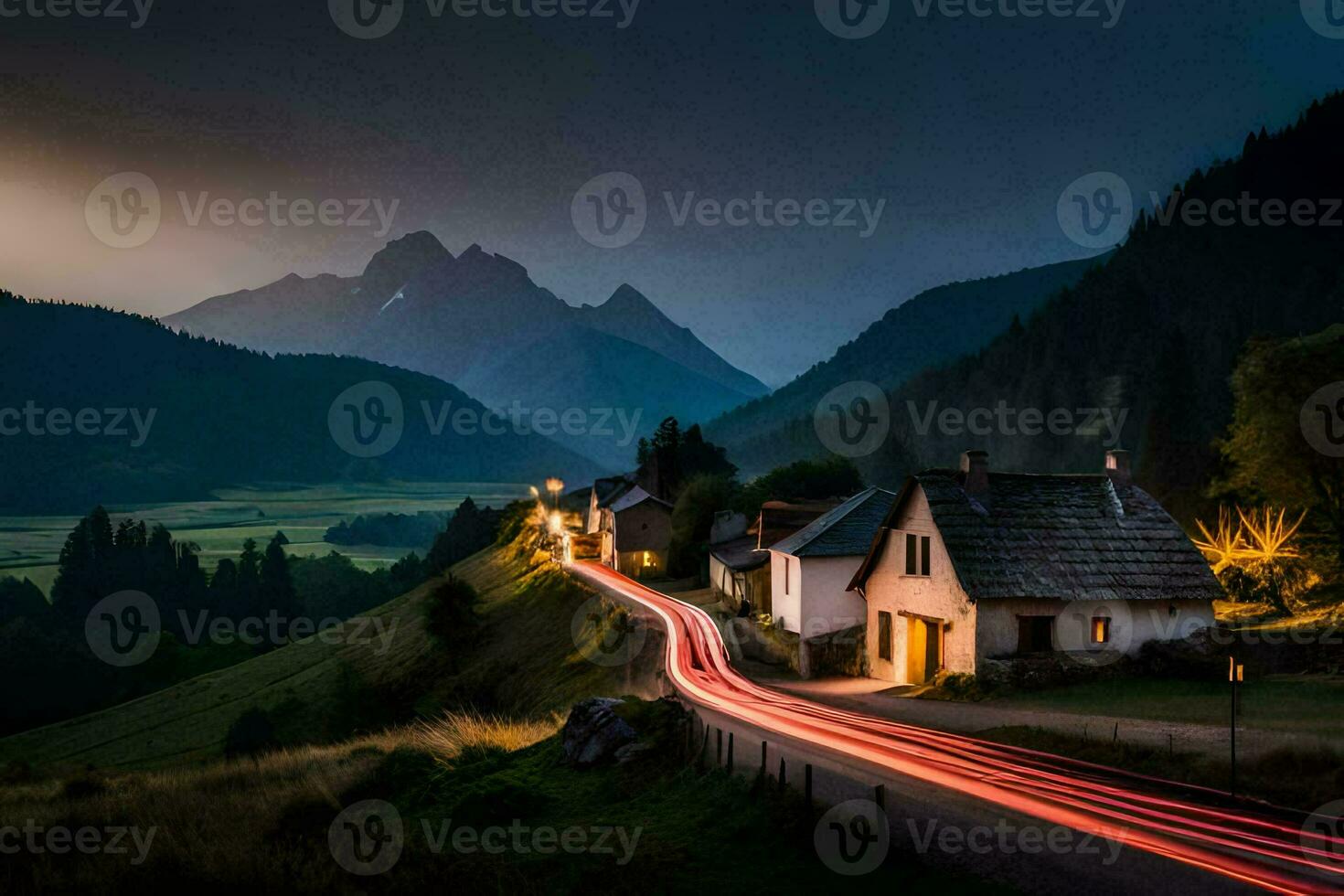 un' villaggio nel il montagne a notte. ai-generato foto