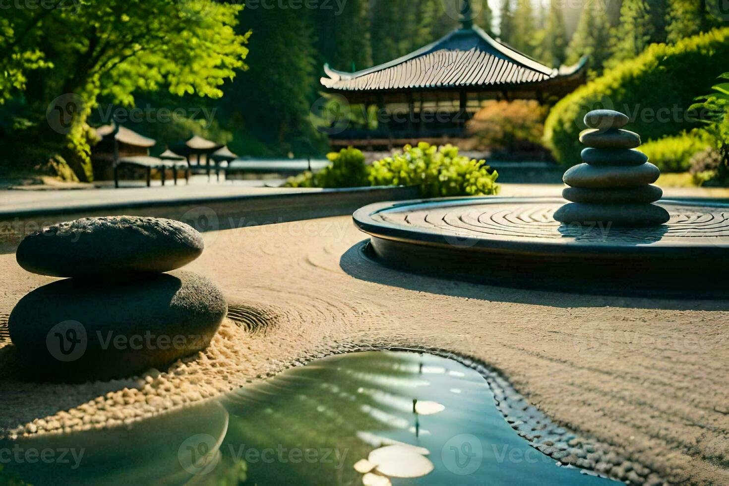un' zen giardino con acqua Fontana e rocce. ai-generato foto
