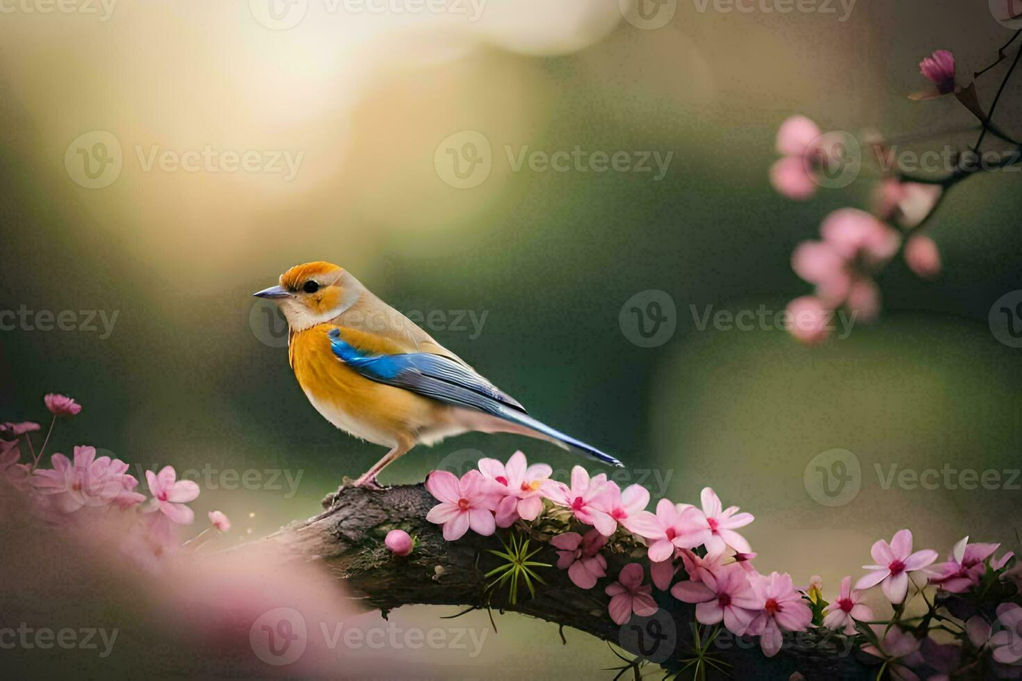 un' blu e giallo uccello è arroccato su un' ramo con rosa fiori. ai-generato foto