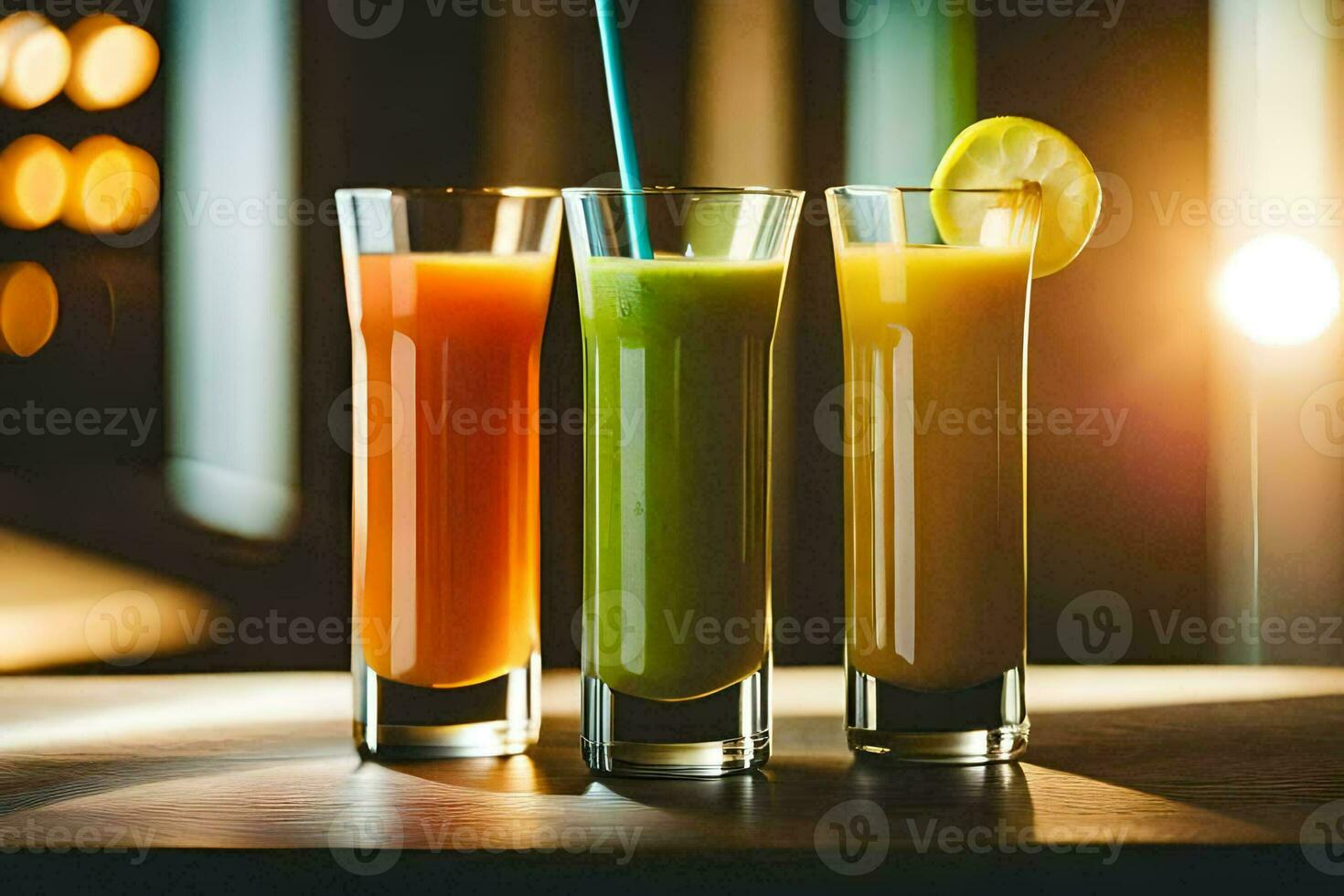 tre bicchieri di succo con un' cannuccia. ai-generato foto