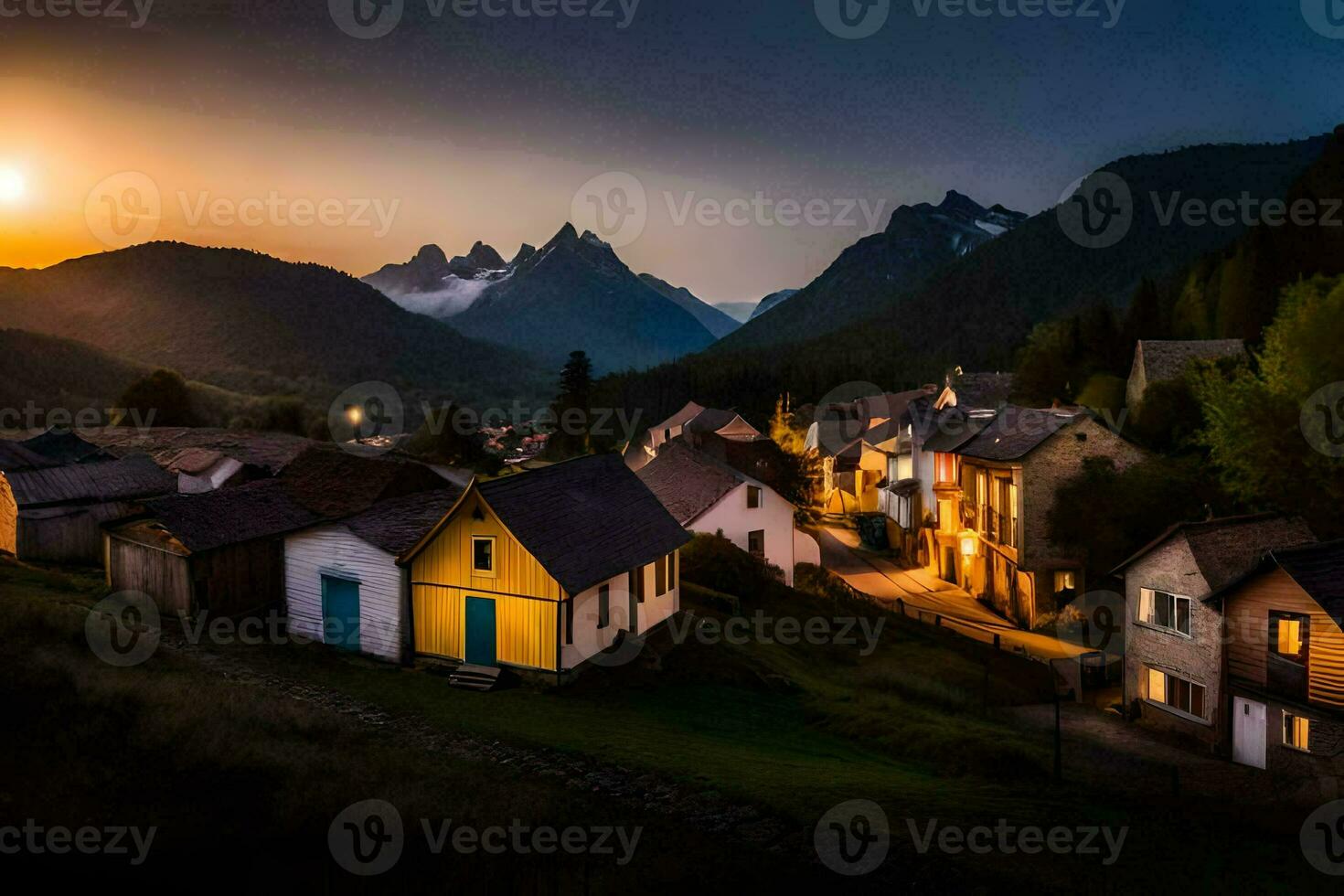 foto sfondo il cielo, montagne, il sole, il montagne, il villaggio, il montagne,. ai-generato