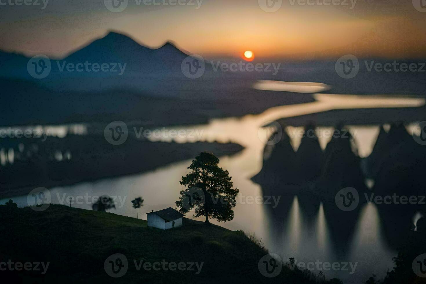 un' piccolo Casa si siede su superiore di un' collina prospiciente un' lago. ai-generato foto