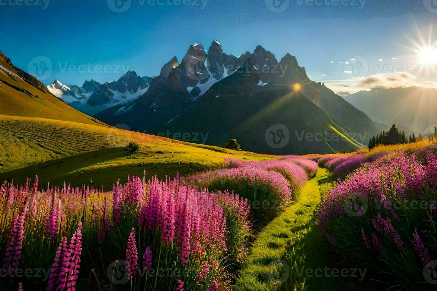il sole brilla su il montagne e fiori nel il primo piano. ai-generato foto