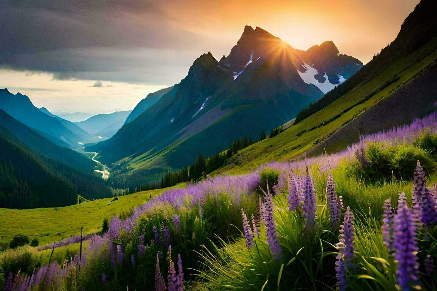 il sole brilla al di sopra di un' montagna gamma con viola fiori. ai-generato foto