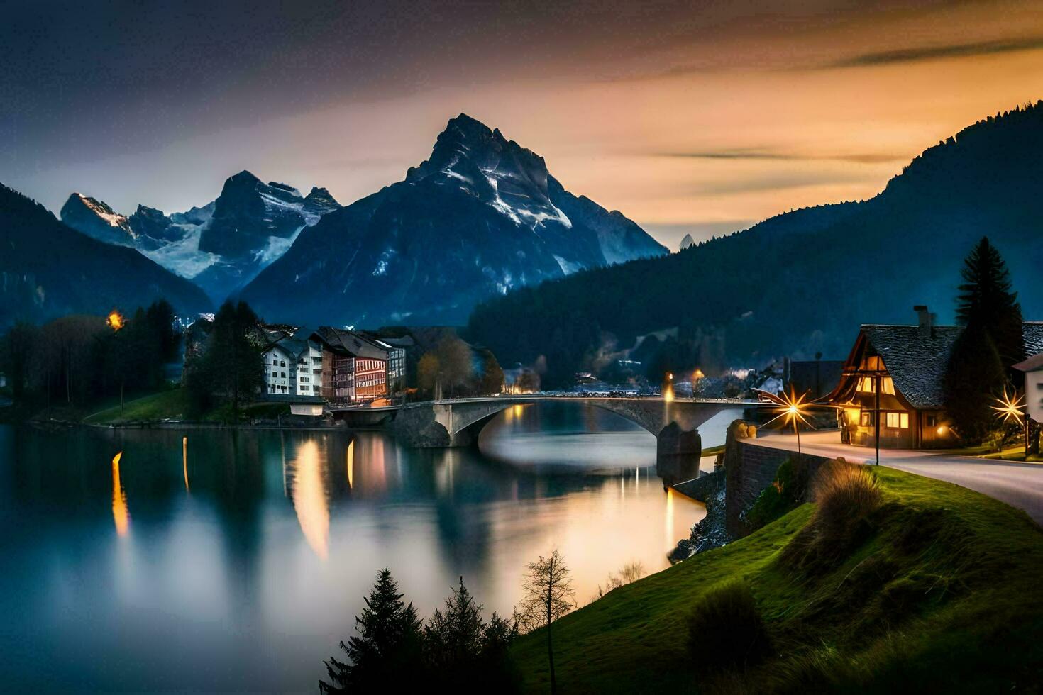 foto sfondo montagne, il notte, lago, Casa, ponte, Casa, il montagne, il. ai-generato