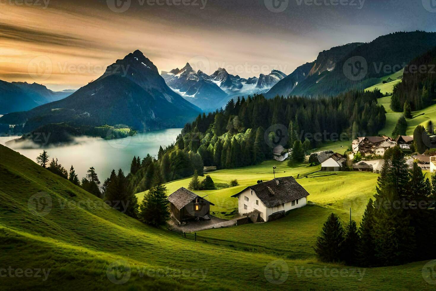 un' bellissimo montagna villaggio con verde erba e montagne. ai-generato foto