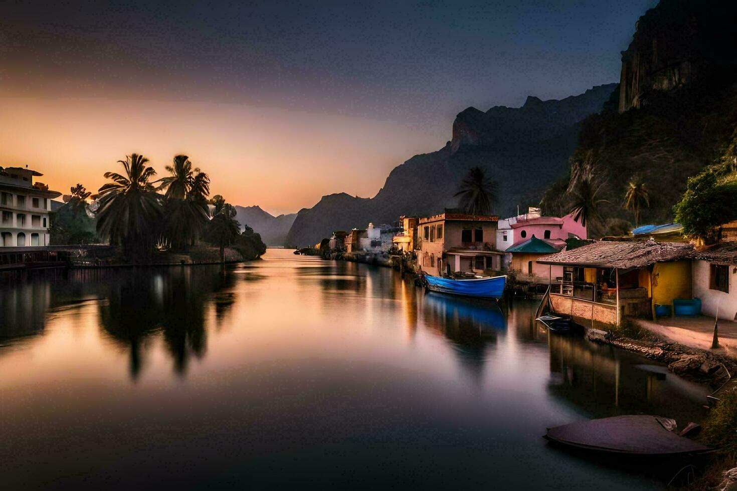 un' fiume nel il montagne a tramonto. ai-generato foto