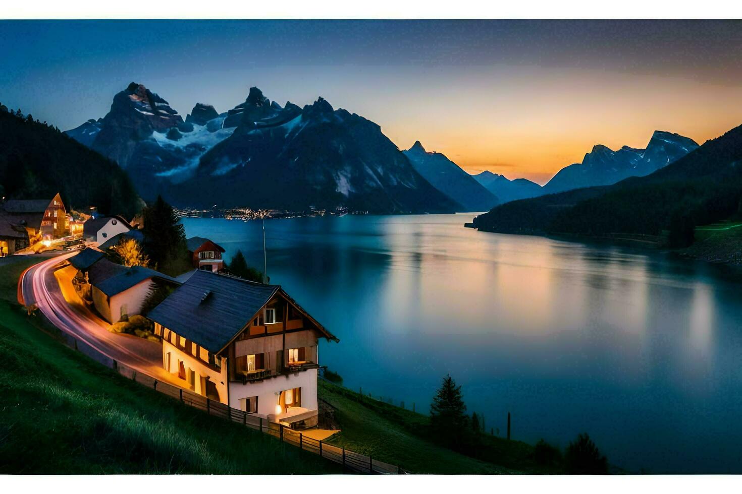 un' Casa si siede su il lato di un' montagna prospiciente un' lago. ai-generato foto