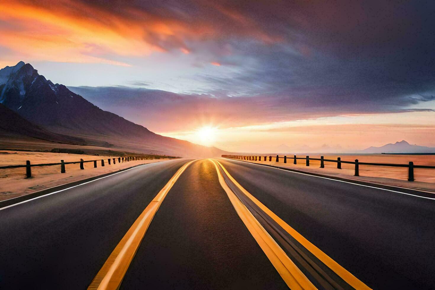 un' strada con il sole ambientazione nel il distanza. ai-generato foto