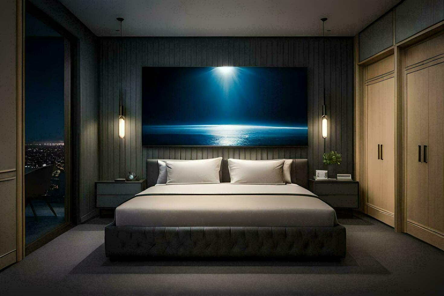 un' Camera da letto con un' grande letto e un' pittura su il parete. ai-generato foto