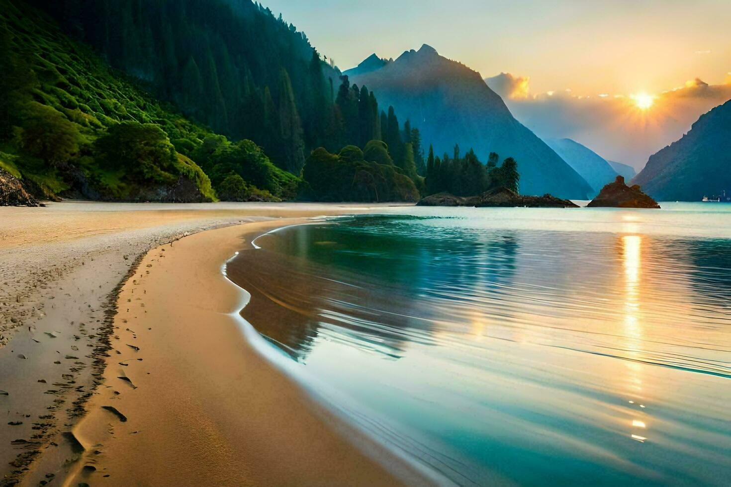 il sole imposta al di sopra di un' spiaggia e montagne. ai-generato foto