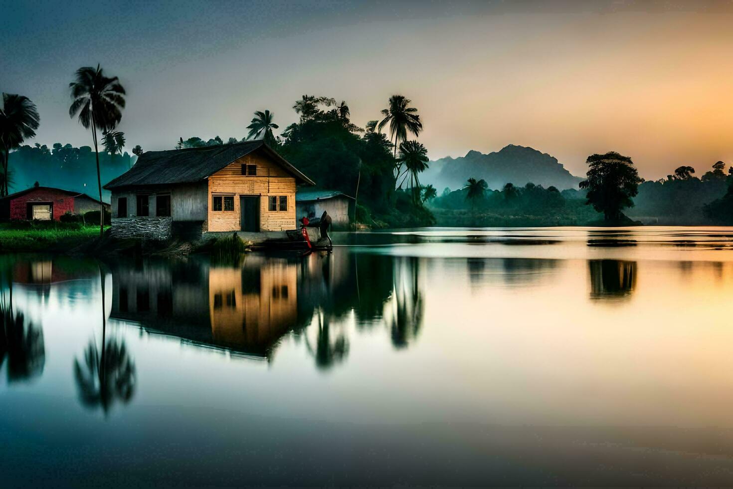 un' Casa si siede su il riva di un' lago a tramonto. ai-generato foto