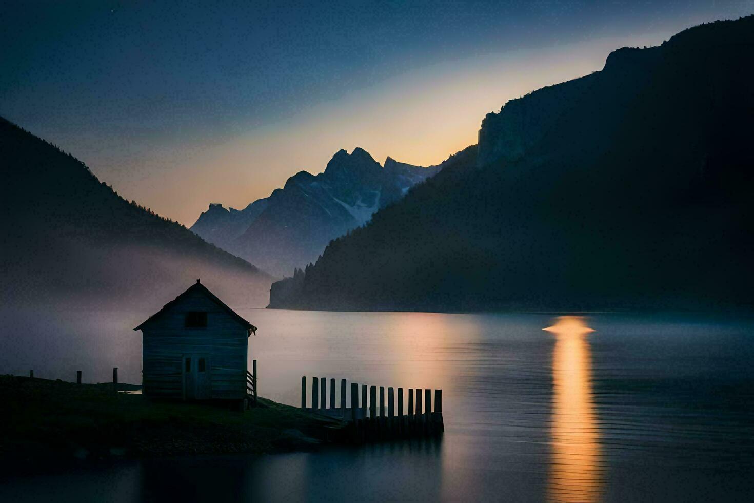 un' piccolo cabina si siede su il riva di un' lago a tramonto. ai-generato foto
