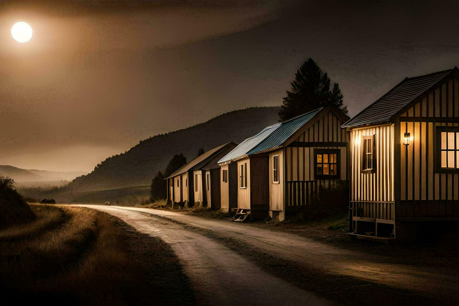 un' riga di piccolo cabine su un' strada a notte. ai-generato foto