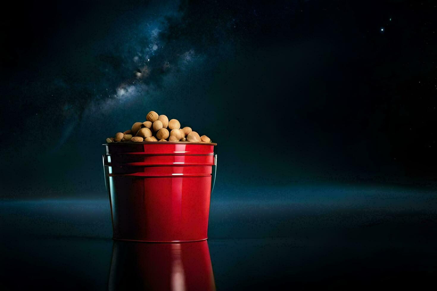 un' secchio pieno di arachidi nel davanti di un' stellato cielo. ai-generato foto