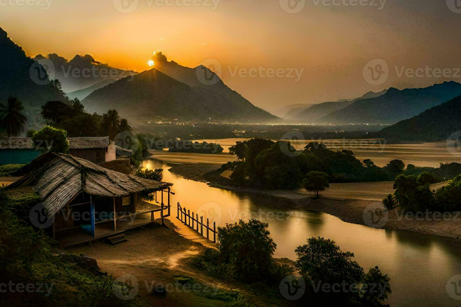 il sole imposta al di sopra di un' fiume e montagna gamma. ai-generato foto