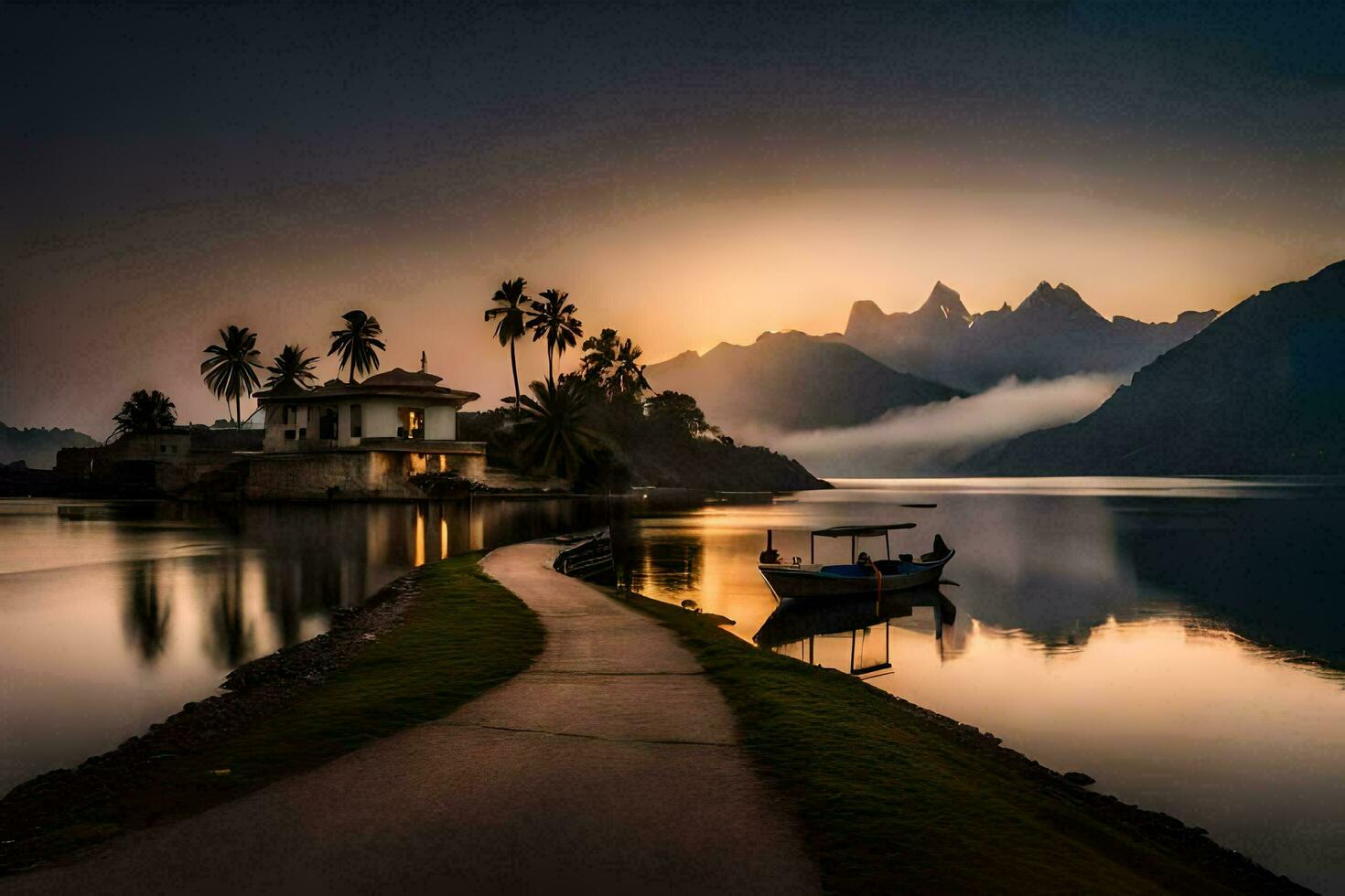 un' barca è su il acqua a tramonto con montagne nel il sfondo. ai-generato foto