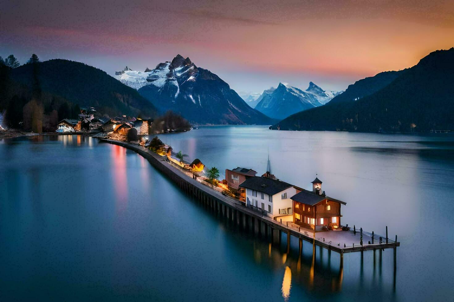 un' Casa su un' molo nel il mezzo di un' lago. ai-generato foto