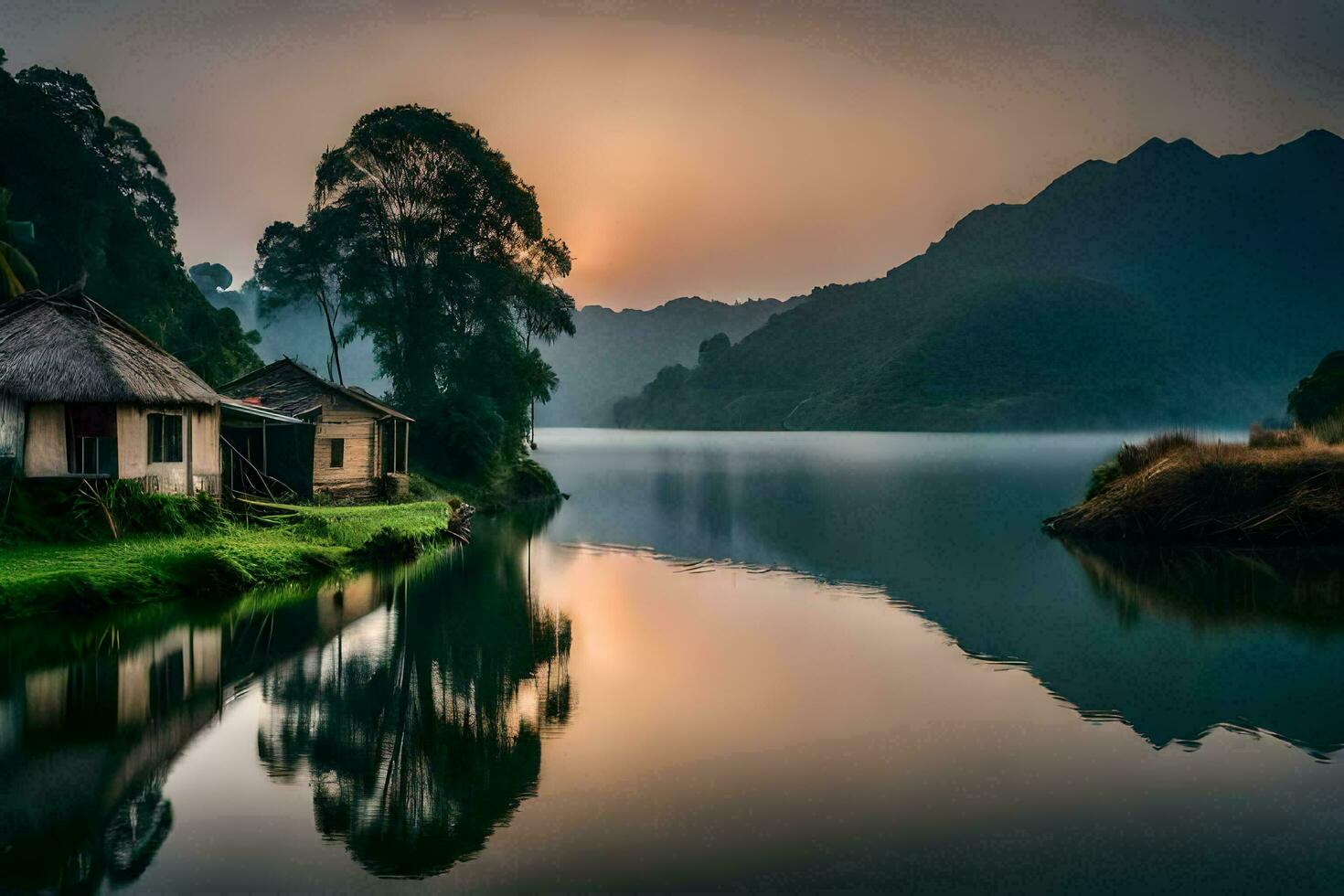 un' lago e Due capanne nel il montagne. ai-generato foto