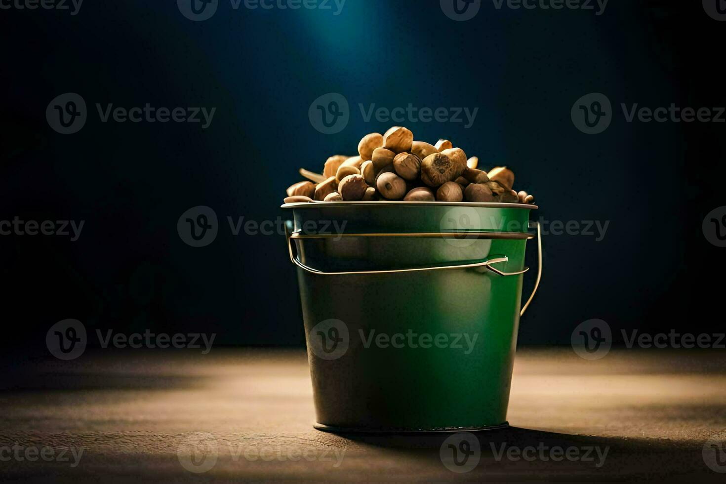 un' secchio pieno di arachidi su un' buio tavolo. ai-generato foto