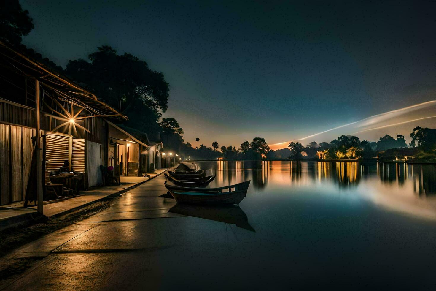 un' barca si siede su il acqua a notte con un' Casa nel il sfondo. ai-generato foto