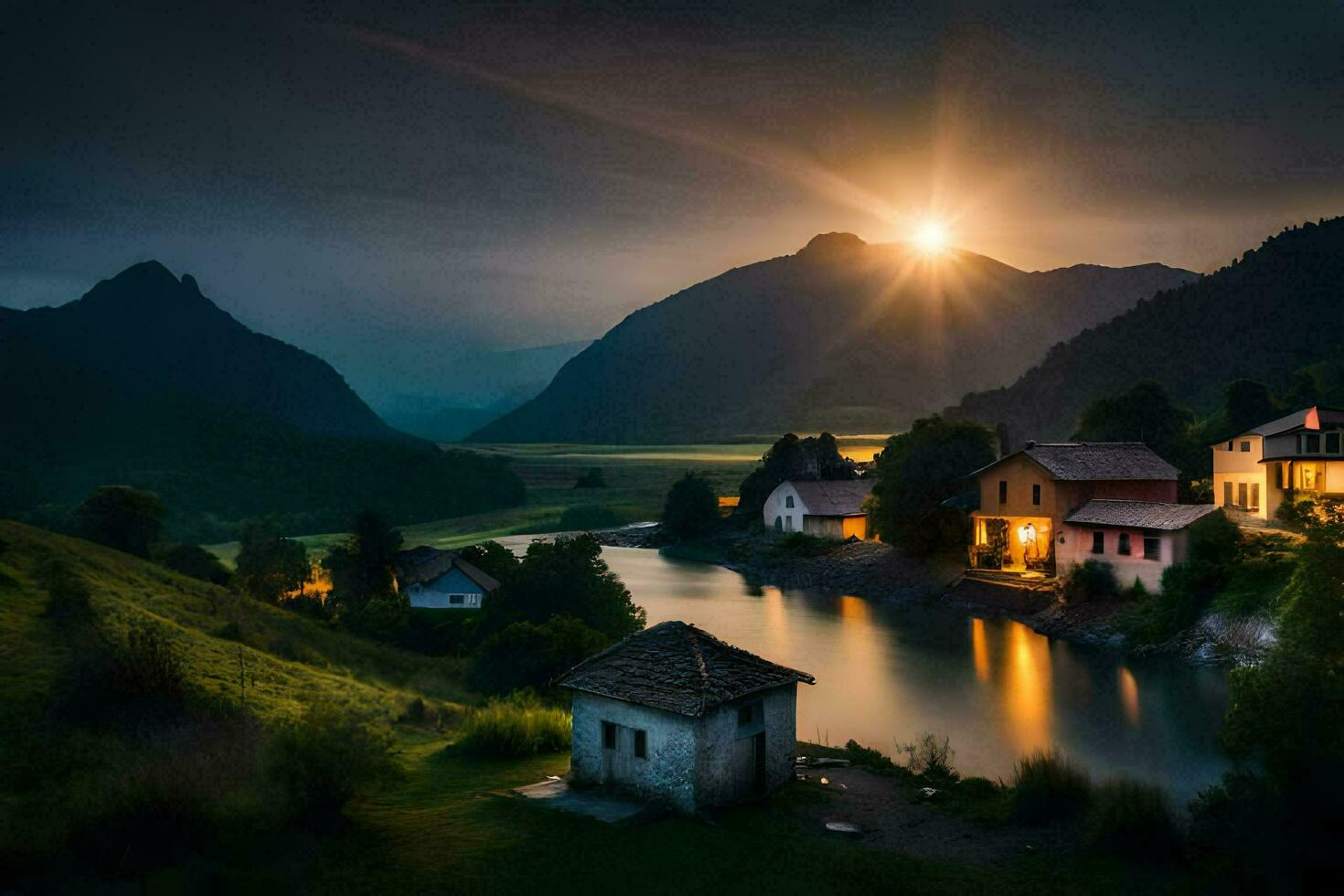 foto sfondo il cielo, montagne, acqua, il sole, il Luna, il montagne, il. ai-generato