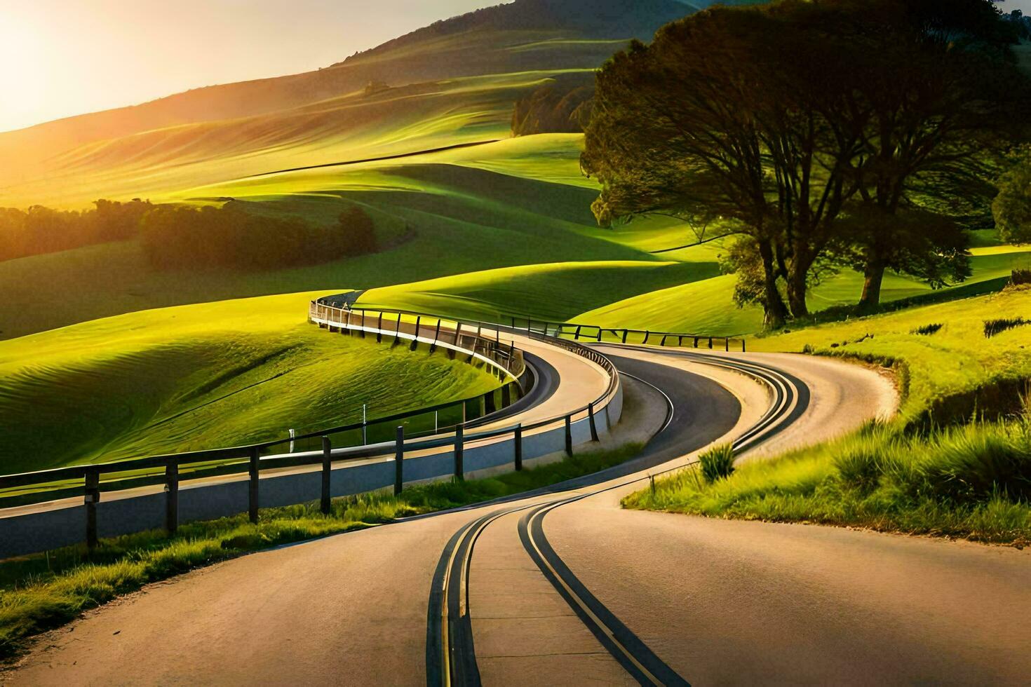 un' avvolgimento strada nel il campagna con il sole ambientazione. ai-generato foto