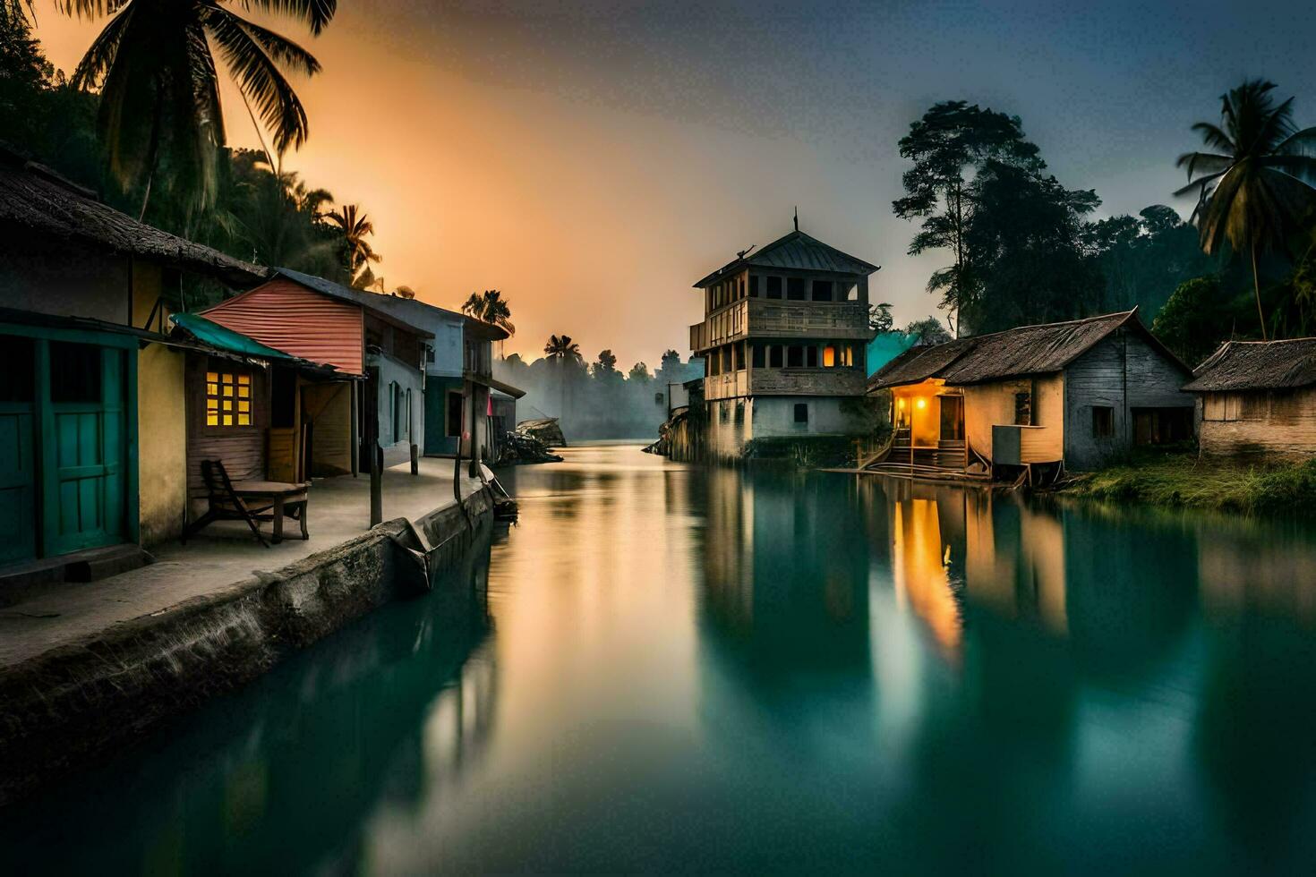 un' fiume nel il mezzo di un' villaggio a tramonto. ai-generato foto