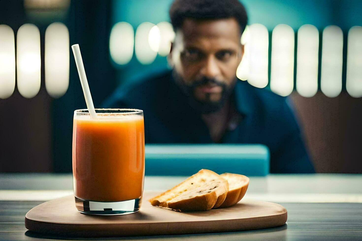 un' uomo seduta a un' tavolo con un' bicchiere di arancia succo e un' fetta di pane. ai-generato foto