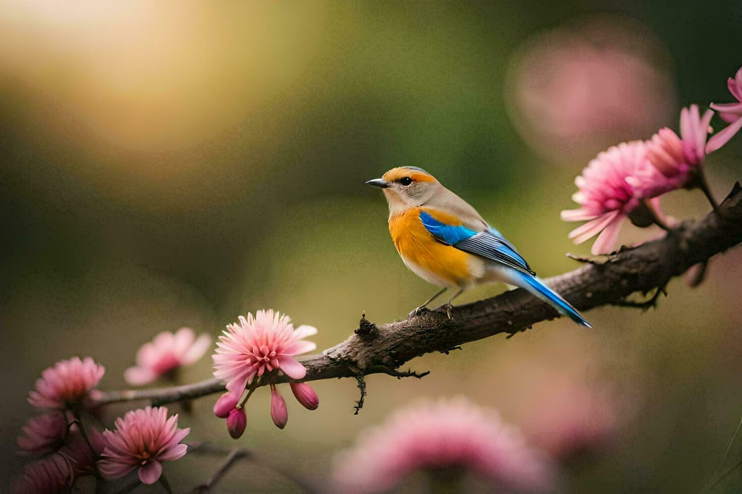 un' blu e giallo uccello si siede su un' ramo con rosa fiori. ai-generato foto