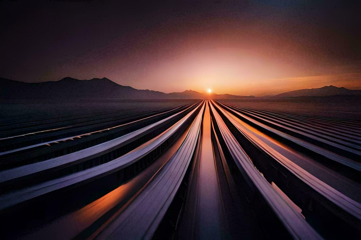 un' lungo esposizione fotografia di un' treno traccia a tramonto. ai-generato foto