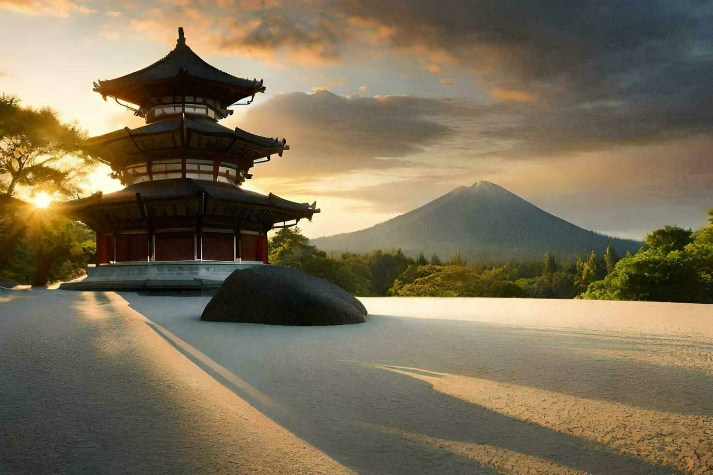 il sole sorge al di sopra di il pagoda nel il sfondo. ai-generato foto
