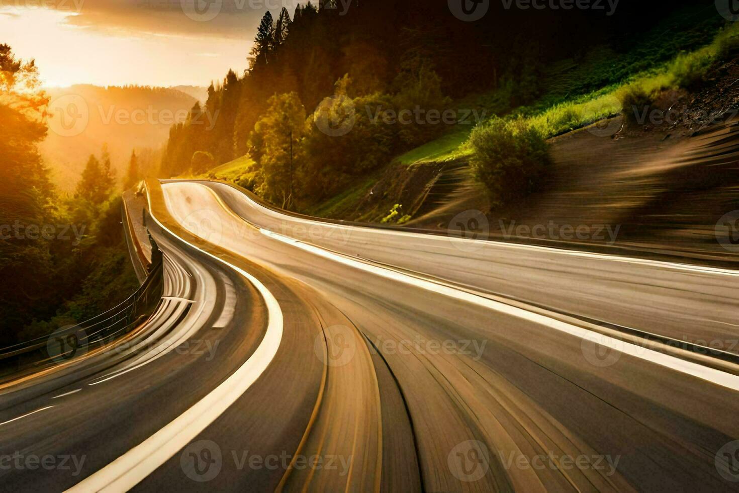 un' auto guida su un' avvolgimento strada a tramonto. ai-generato foto