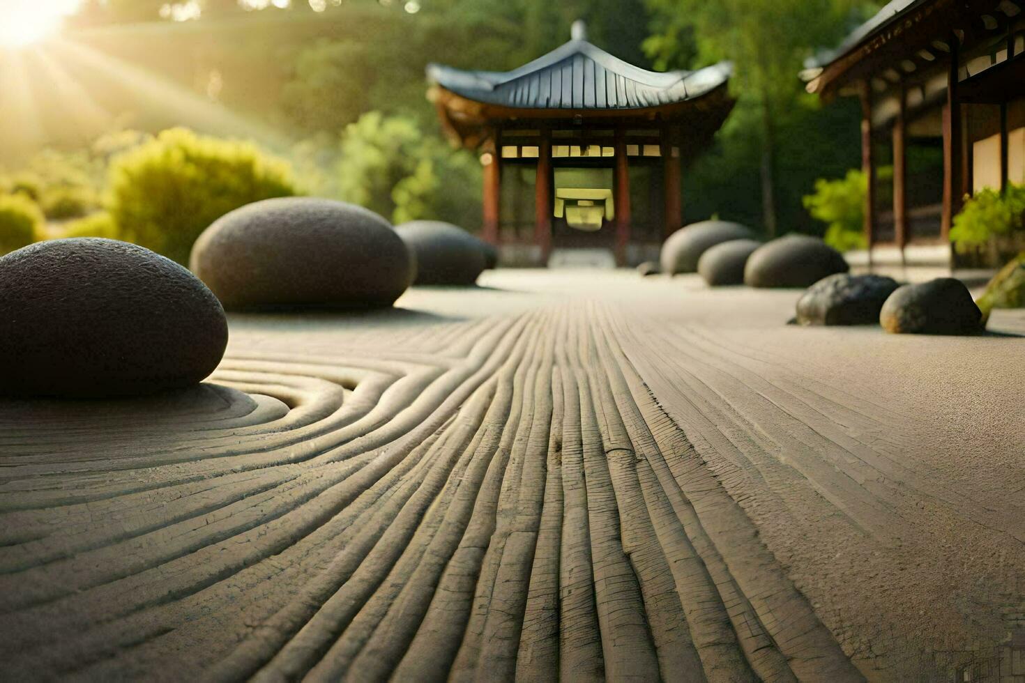 un' zen giardino con pietre e un' pagoda. ai-generato foto