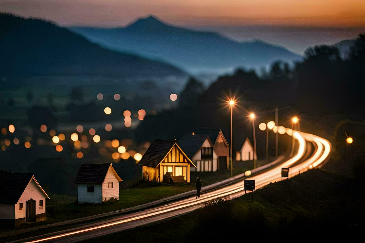 un' lungo esposizione foto di un' strada e case nel il sera. ai-generato