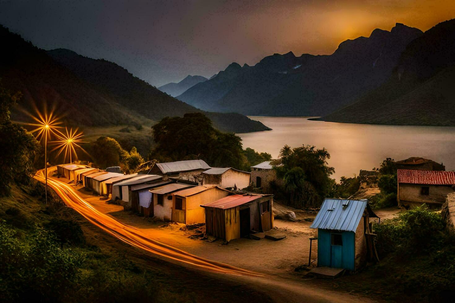 un' piccolo villaggio nel il montagne a notte. ai-generato foto