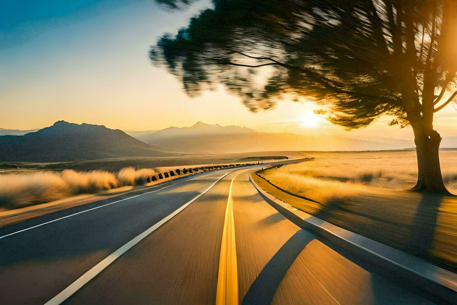 un' strada con un' albero nel il primo piano e un' sole ambientazione. ai-generato foto