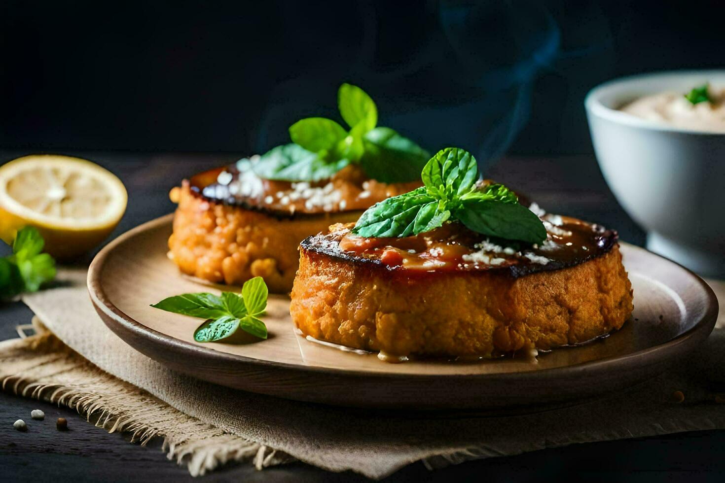 Due piccolo torte con menta le foglie su un' piatto. ai-generato foto