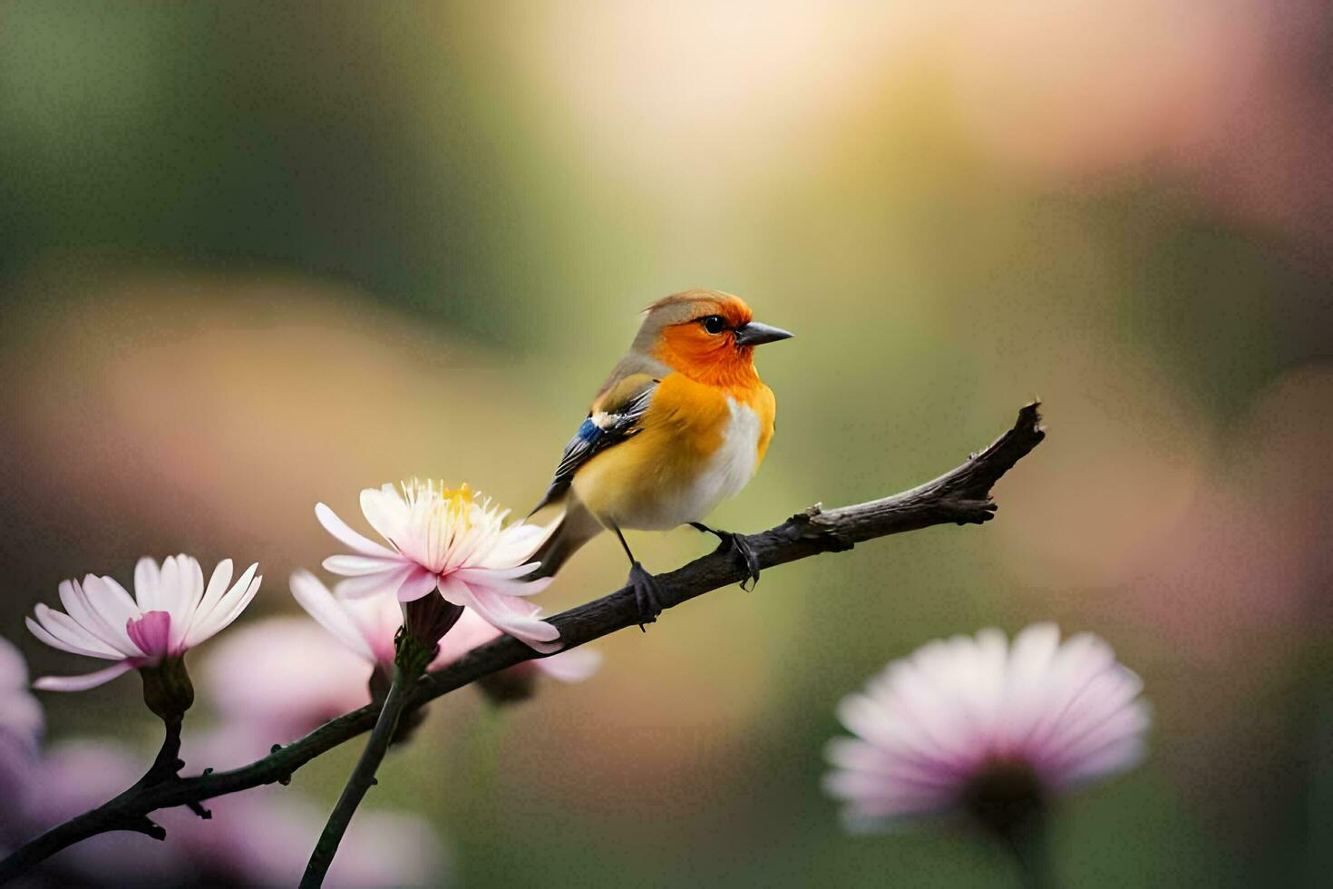 un' piccolo uccello è seduta su un' ramo con rosa fiori. ai-generato foto