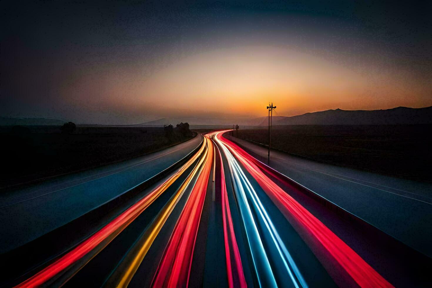 un' lungo esposizione fotografia di un' autostrada a tramonto. ai-generato foto