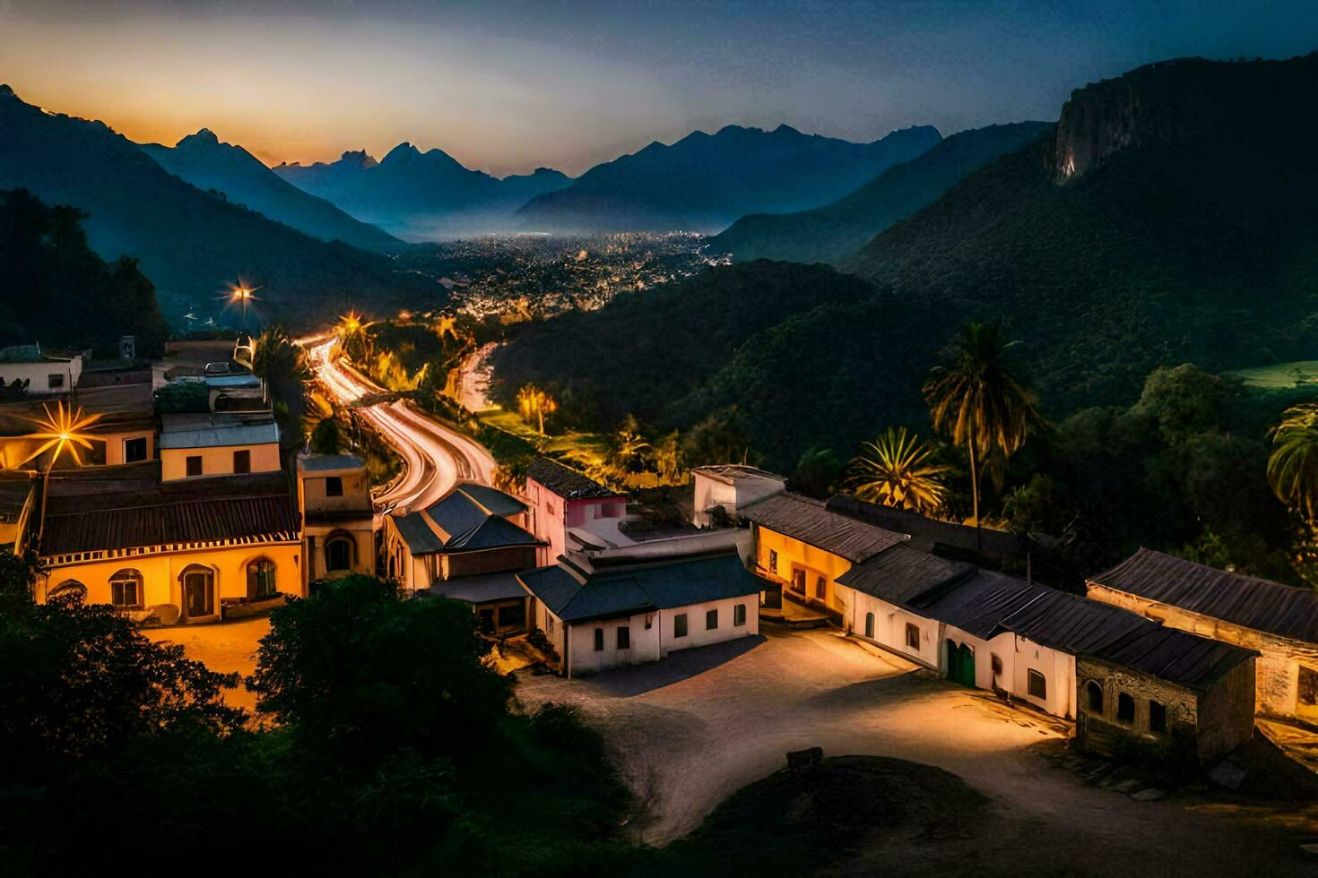 un' cittadina nel il montagne a notte. ai-generato foto