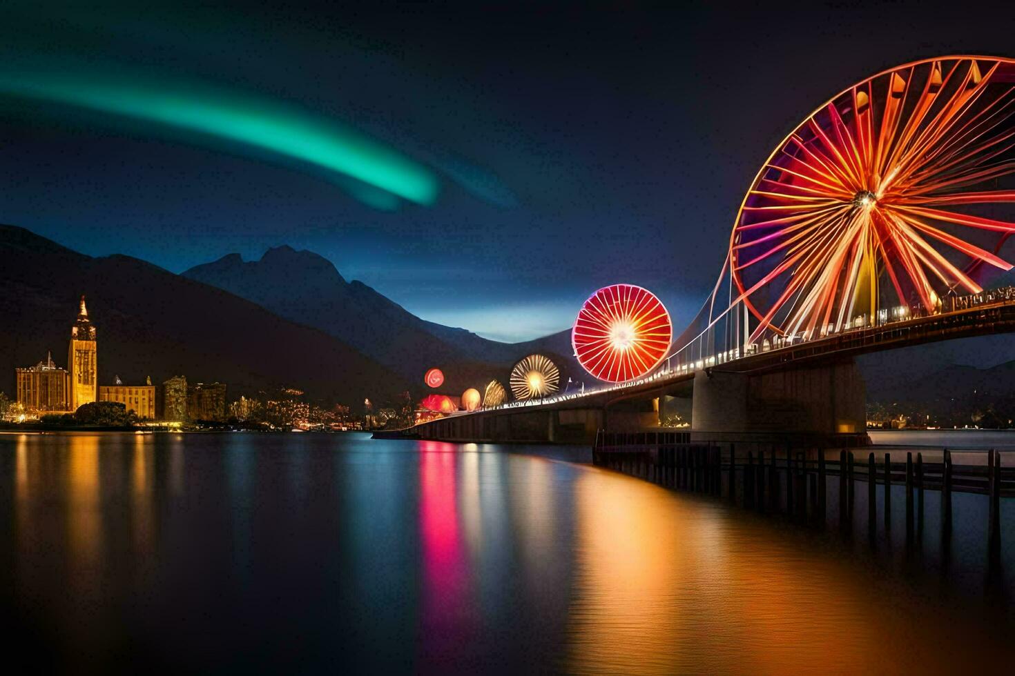 il aurora Borealis luci su il cielo al di sopra di un' ponte. ai-generato foto